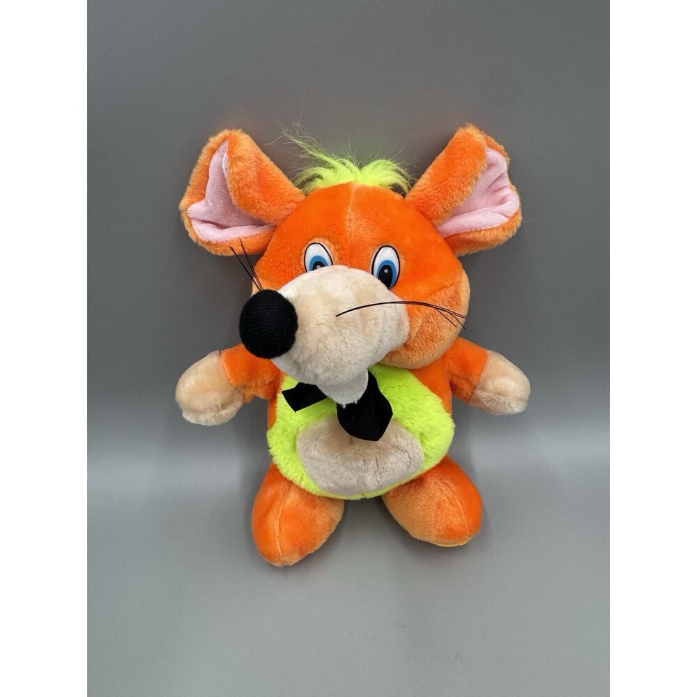 Vintage Bright Orange Mouse Plush W/ Neon Yellow Belly Big Nose 10” Stuffed Toy